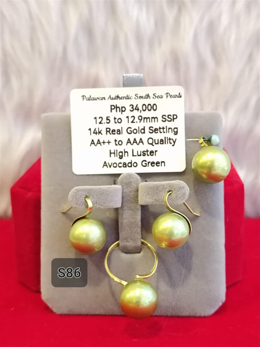 12.5mm to 12.9mm Authentic Avocado Green Color South Sea Pearls Set in 14K Gold Settings