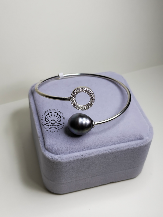 13.2mm Palawan Authentic Tahitian Black Color South Sea Pearl Bangle in 5 Micron Plated Settings