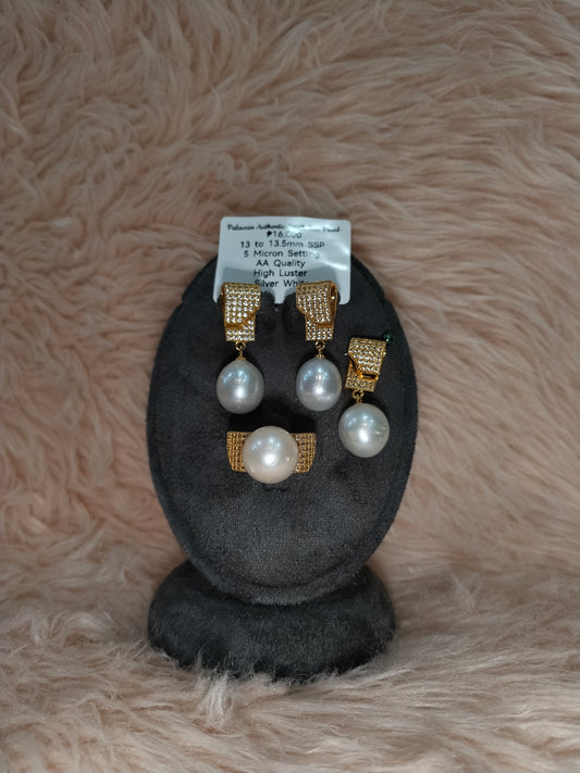 13 to 13.5mm Authentic Silver White Color South Sea Pearl Set in 5 Micron Settings