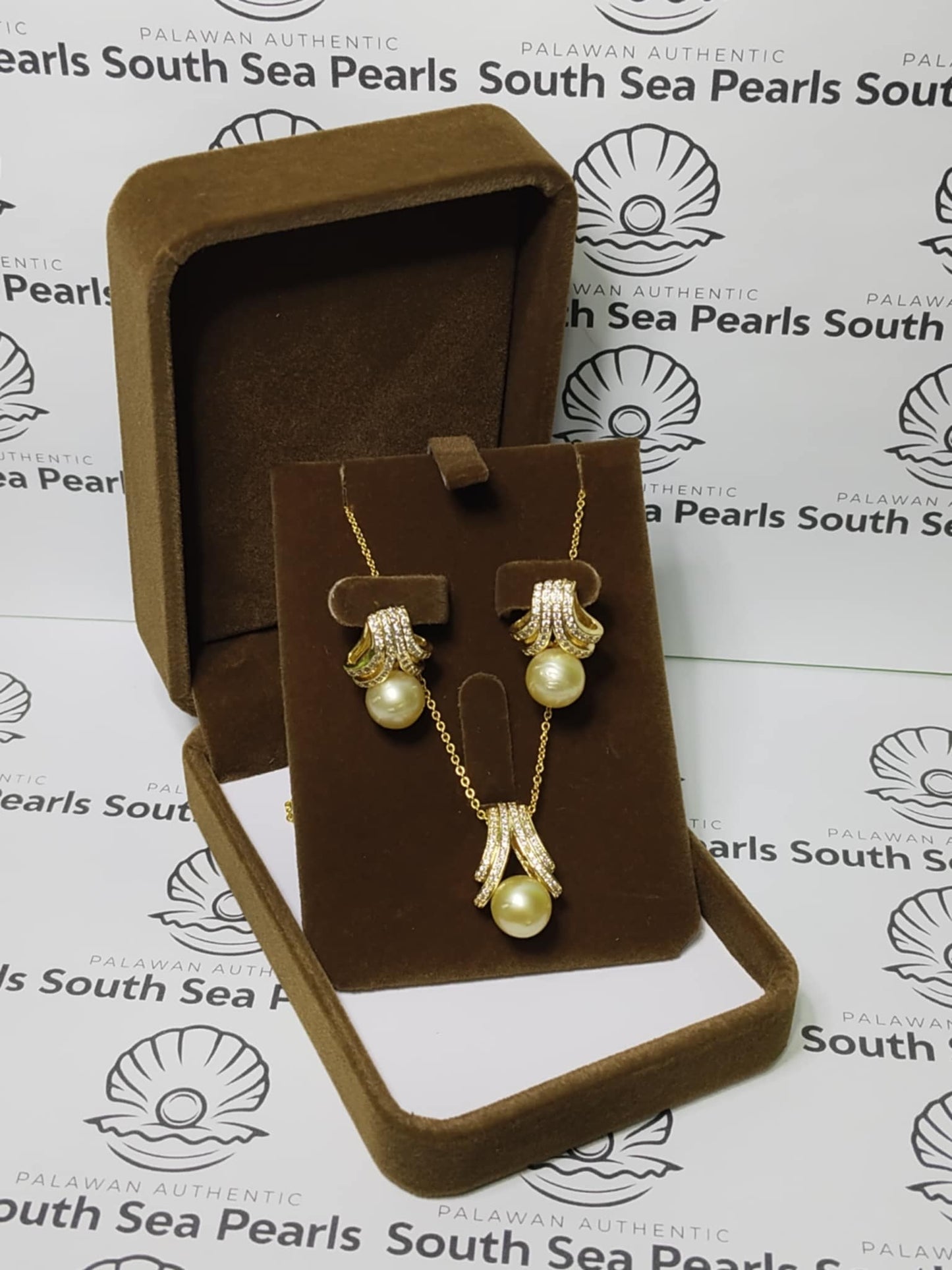 New Arrival! 9.6mm Authentic Champagne Color South Sea Pearl Sets in 5 Micron Plated Settings