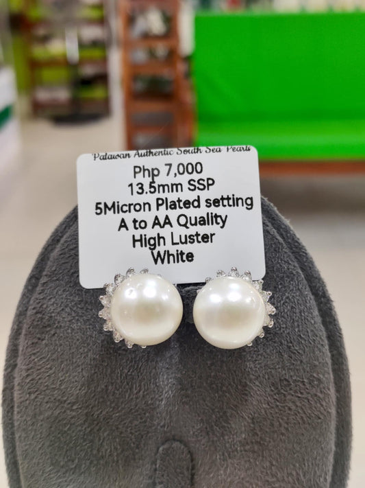13.5mm Authentic White South Sea Pearls in 5 Micron Plated Settings