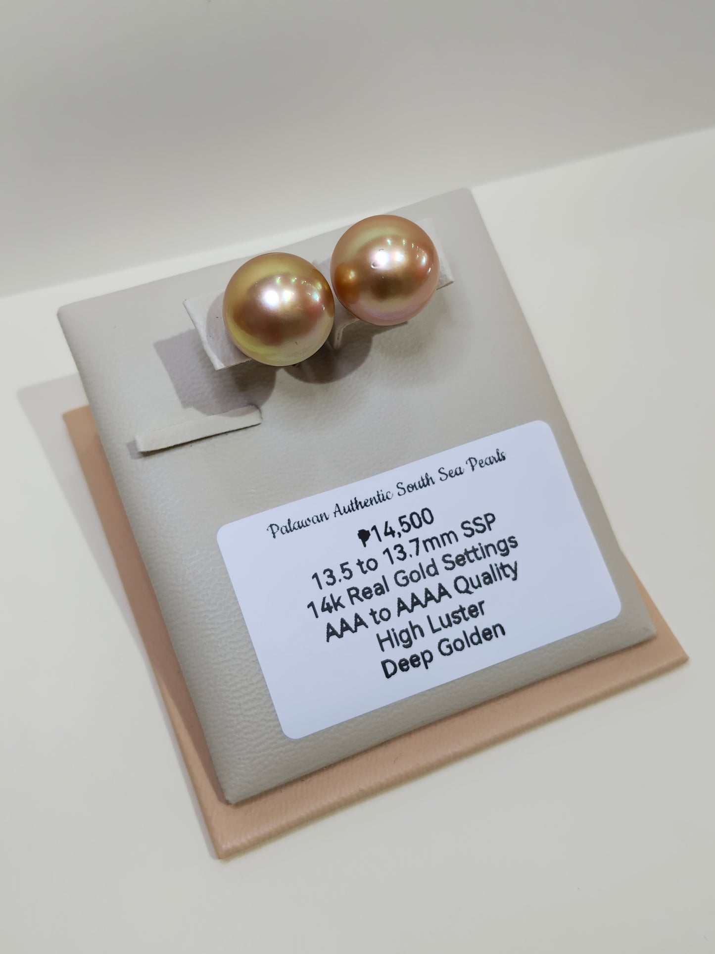 New Arrival! 13.5mm to 13.7mm Palawan Authentic Deep Golden Color South Sea Pearl Earrings in 14k Real Gold Settings