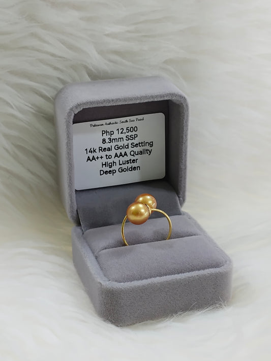 8.3mm Authentic Deep Golden Color South Sea Pearl Rings in 14k Real Gold Settings
