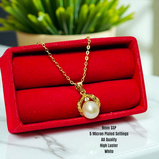 New Arrival! 9mm Authentic White South Sea Pearls Pendant in 5 Micron Plated Settings