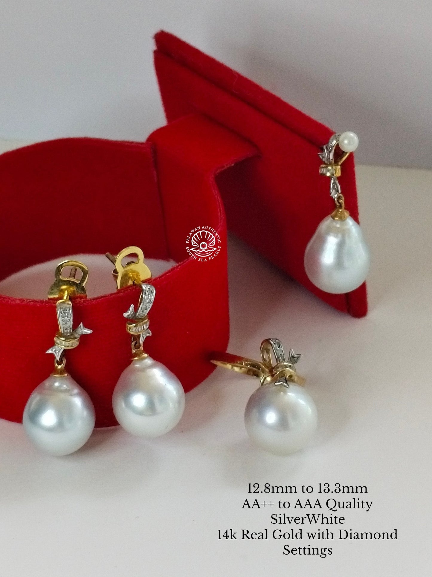 12.8mm to 13.3mm Palawan Authentic Silver White Color South Sea Pearl in 14k Real Gold and Diamonds