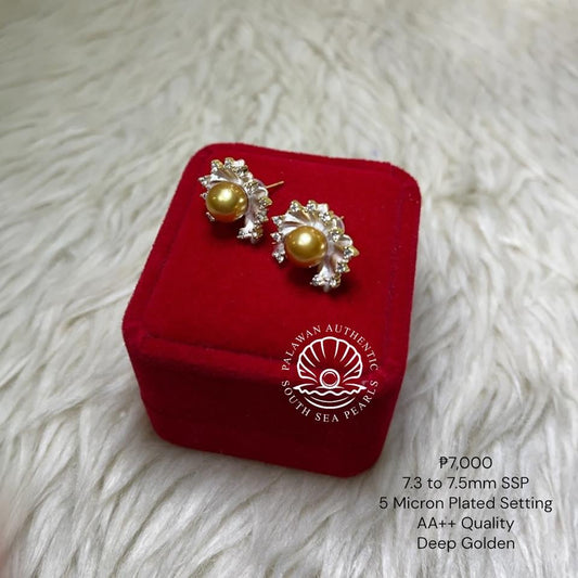 New Arrival! 7.3mm to 7.5mm Palawan Authentic Deep Golden South Sea Pearls Earrings in 5 microns Plated Settings