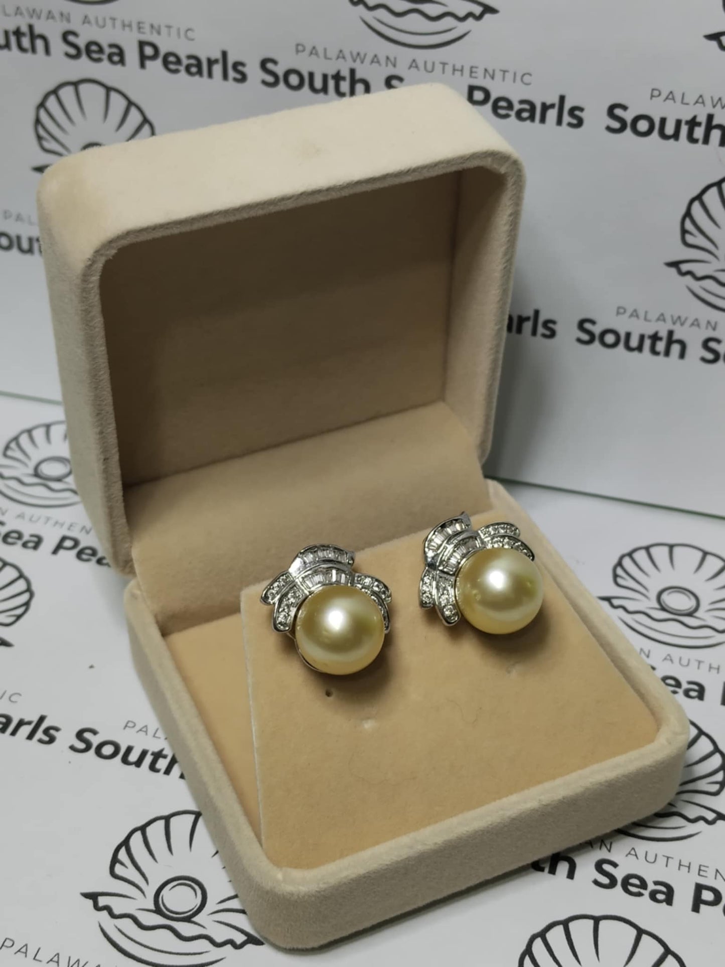 New Arrival! 13.1mm Authentic Champagne Color South Sea Pearl Earrings in 5 Micron Plated Settings