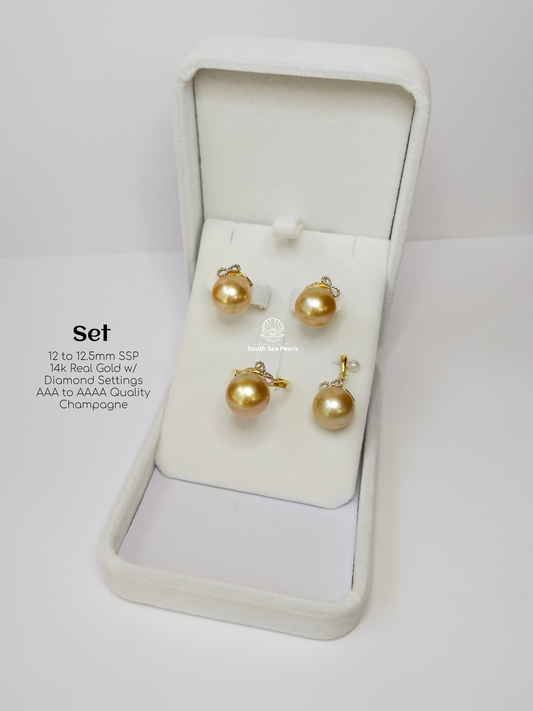 12mm to 12.5mm Palawan Authentic Champagne Color South Sea Pearl in 14k Real Gold and Diamonds