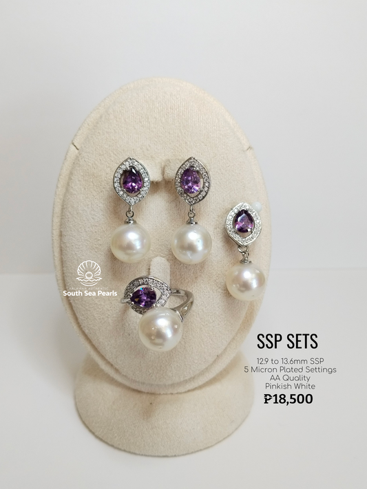 12.9mm to 13.4mm Palawan Authentic Pinkish White Color South Sea Pearl Sets in 5 Micron Plated Settings