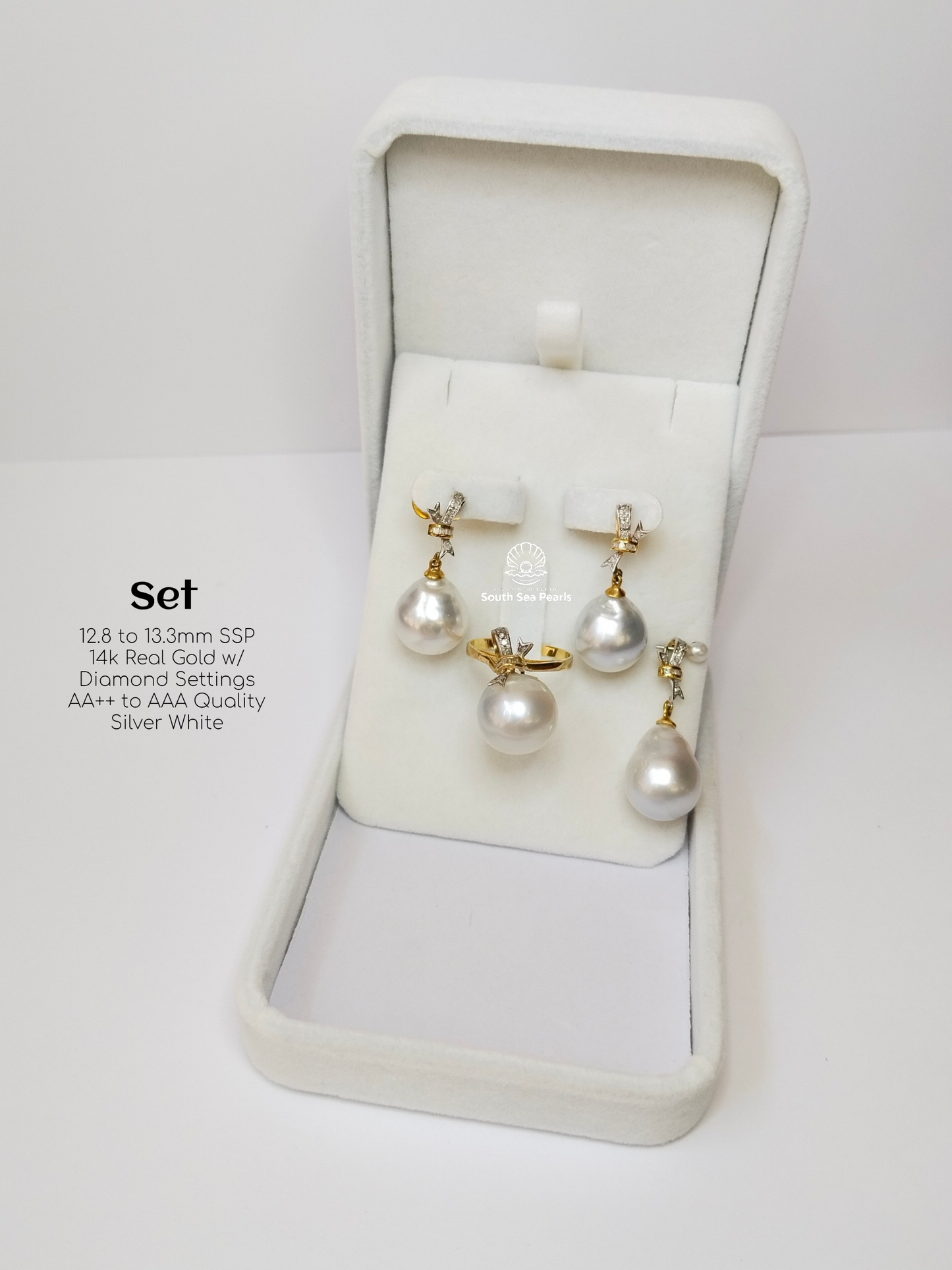 12.8mm to 13.3mm Palawan Authentic Silver White Color South Sea Pearl in 14k Real Gold and Diamonds