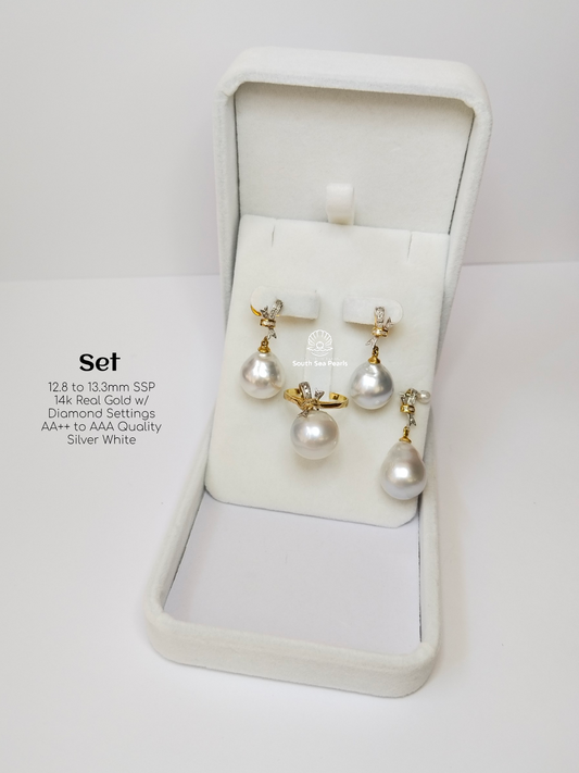 12.8mm to 13.3mm Palawan Authentic Silver White Color South Sea Pearl in 14k Real Gold and Diamonds
