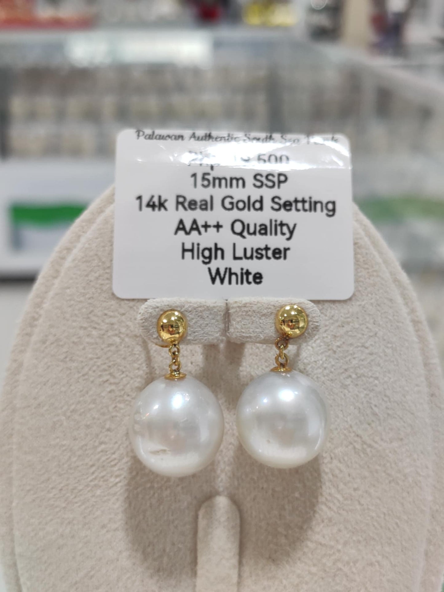 15mm Authentic White South Sea Pearls in 14k Real Gold Settings