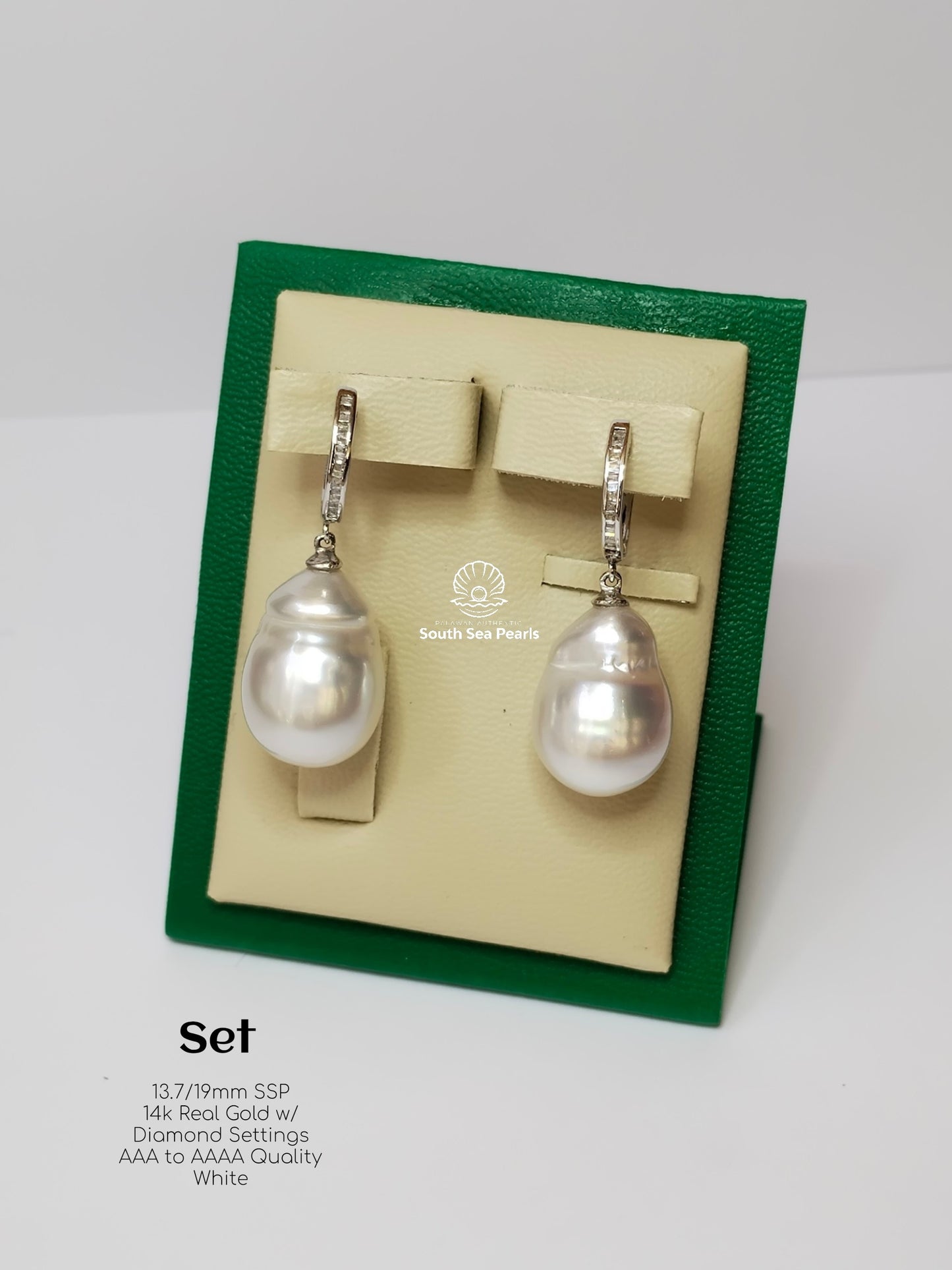 13.7/19mm Palawan Authentic White Color South Sea Pearl in 14k Real Gold and Diamonds
