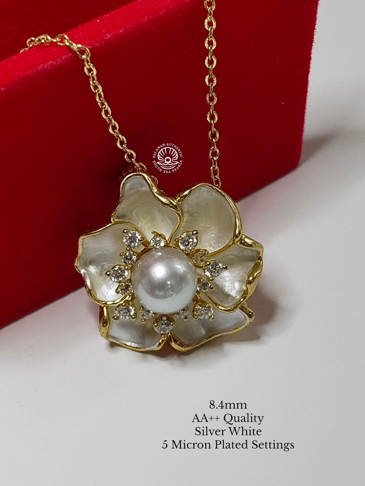 8.4mm Palawan Authentic Silver White Color South Sea Pearl Brooch in 5 Micron Plated Settings