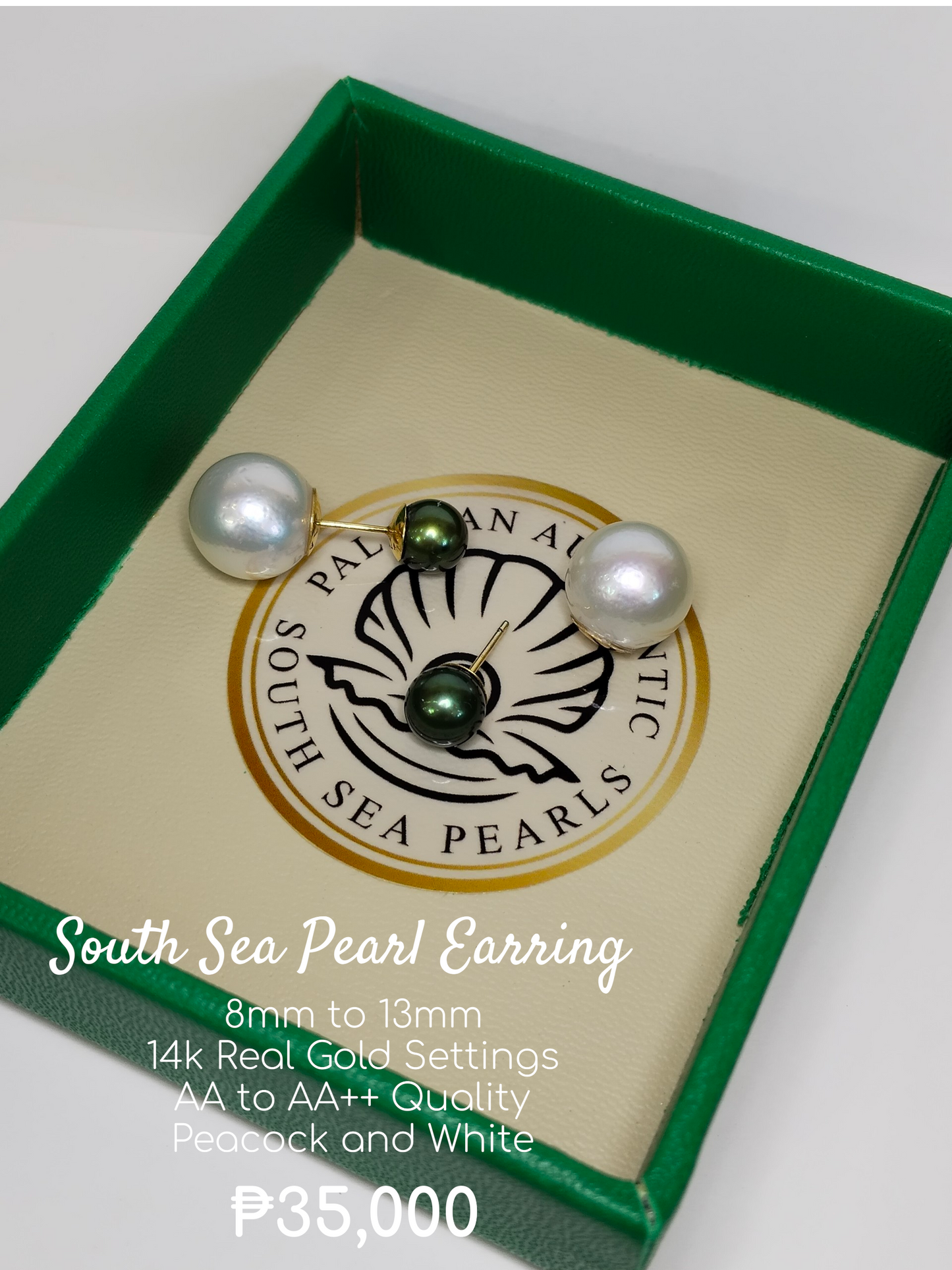 8mm to 13mm Palawan Authentic Peacock and White Color South Sea Pearl Earring in 14k Real Gold Settings