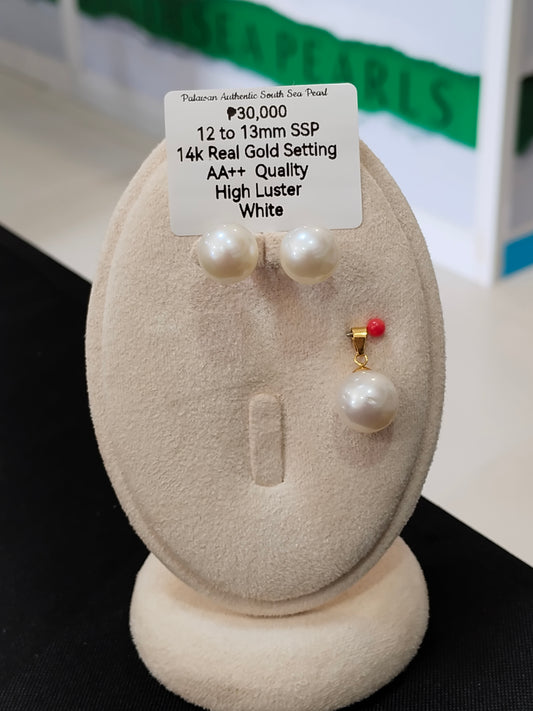 12mm to 13mm Authentic White South Sea Pearl Sets in 14k Real Gold Settings