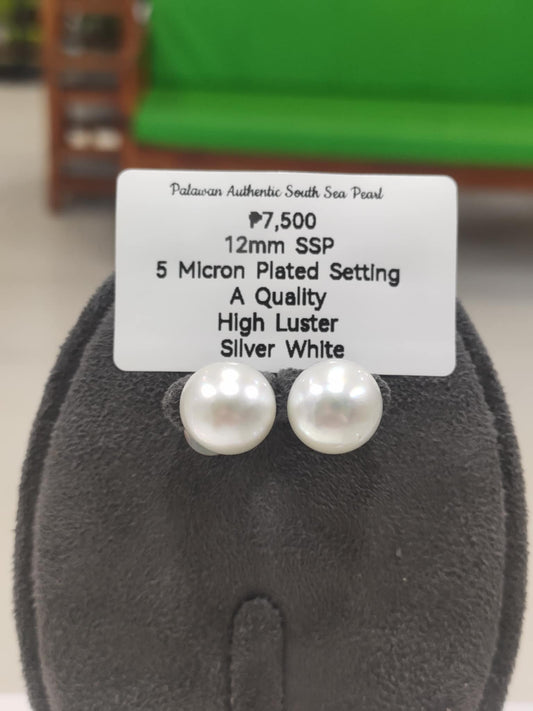 12mm Authentic Silver White South Sea Pearls Earrings in 5 Microns Settings