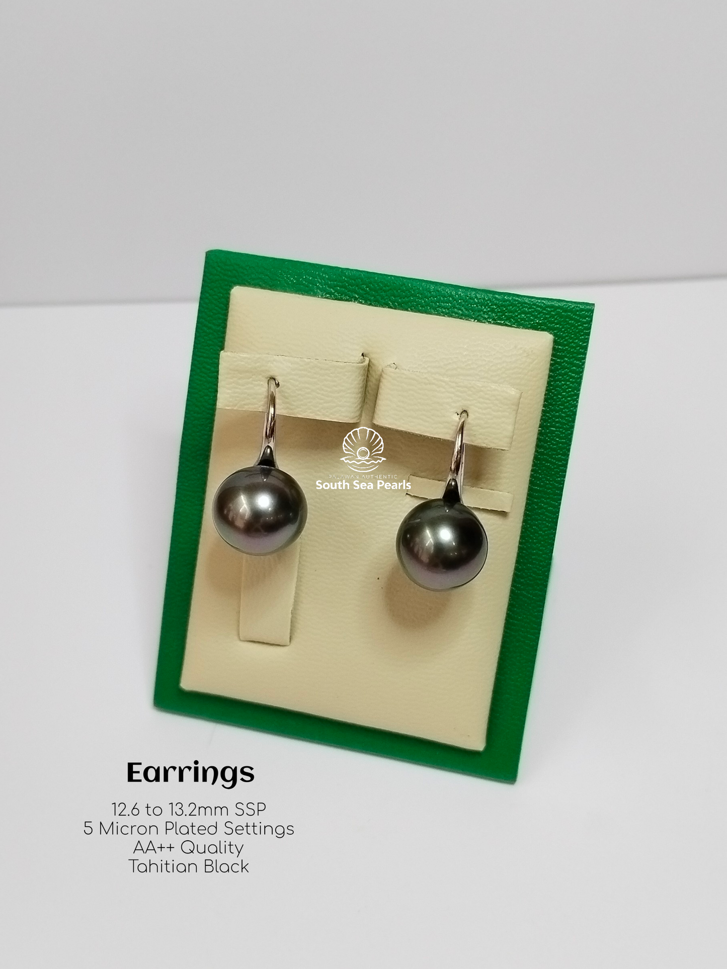 12.6mm to 13.2Palawan Authentic Tahitian Black Color South Sea Pearl Earrings in 5 Micron Plated Settings