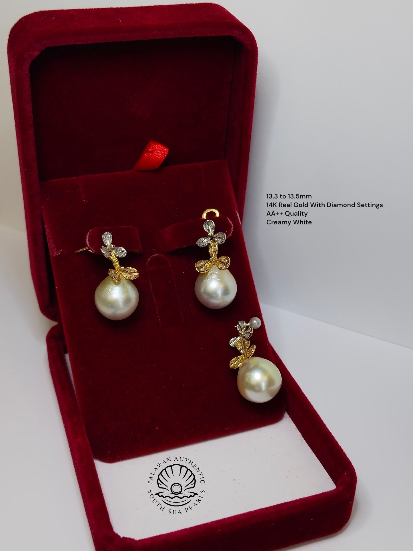 13.3 to 13.5mm Palawan Authentic Creamy White Color South Sea Pearl in 14k Real Gold and Diamonds