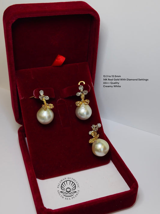 13.3 to 13.5mm Palawan Authentic Creamy White Color South Sea Pearl in 14k Real Gold and Diamonds