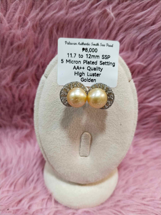 11.7 to 12mm Authentic Golden Color South Sea Pearl Set in 5 Micron Settings