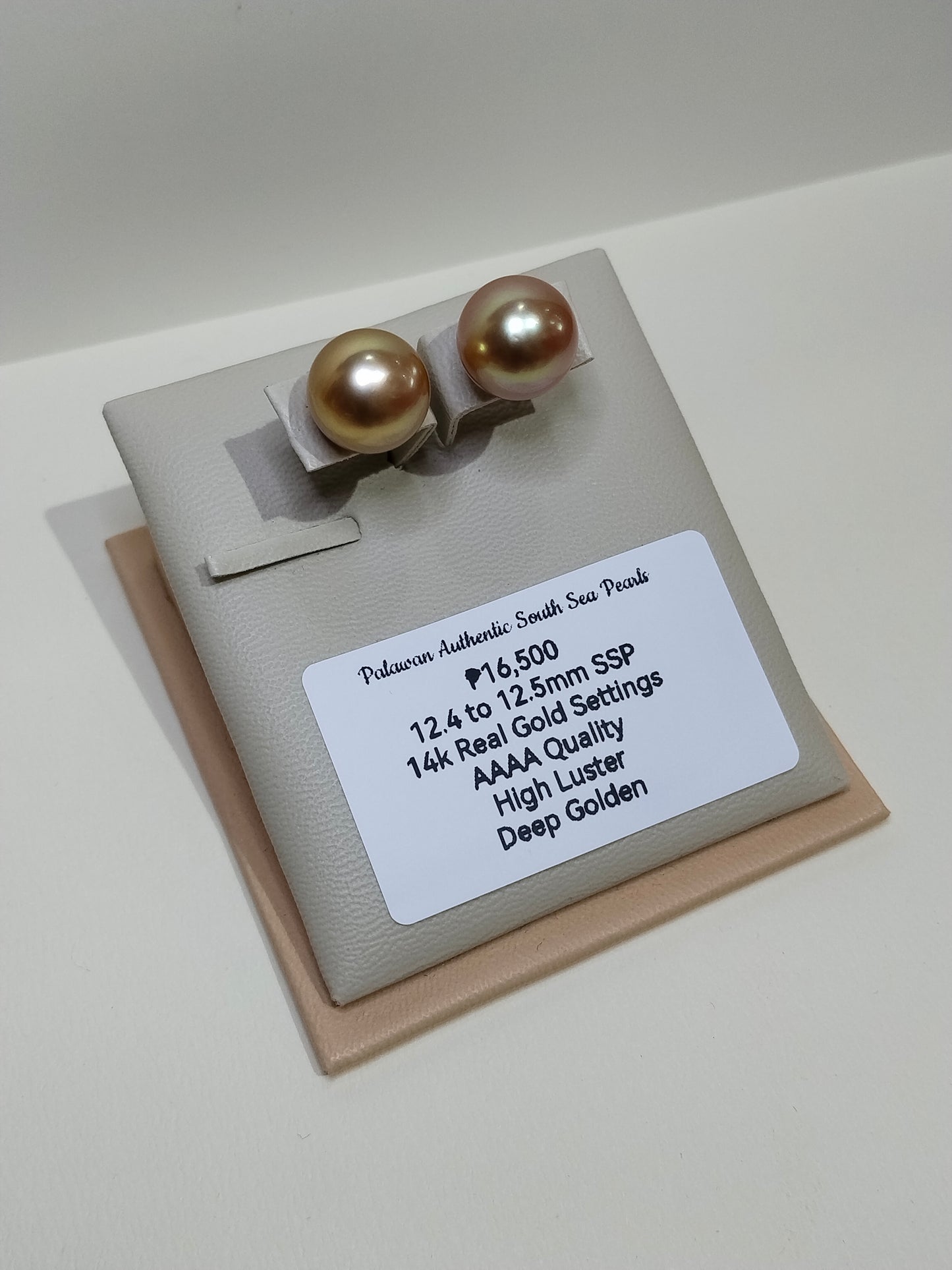 New Arrival! 12.4mm to 12.5mm Palawan Authentic Deep Golden Color South Sea Pearl Earrings in 14k Real Gold Settings