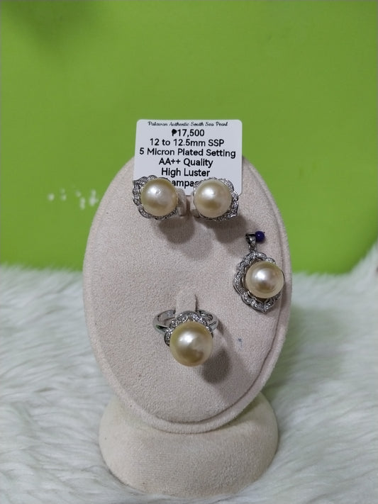 12mm to 12.5mm Authentic Champagne Color South Sea Pearl Sets in 5 Micron Plated Settings
