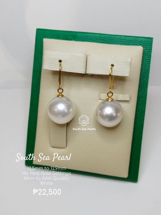 12.5mm to 12.9mm Palawan Authentic White Color South Sea Pearl Earrings in 14k Real Gold Settings
