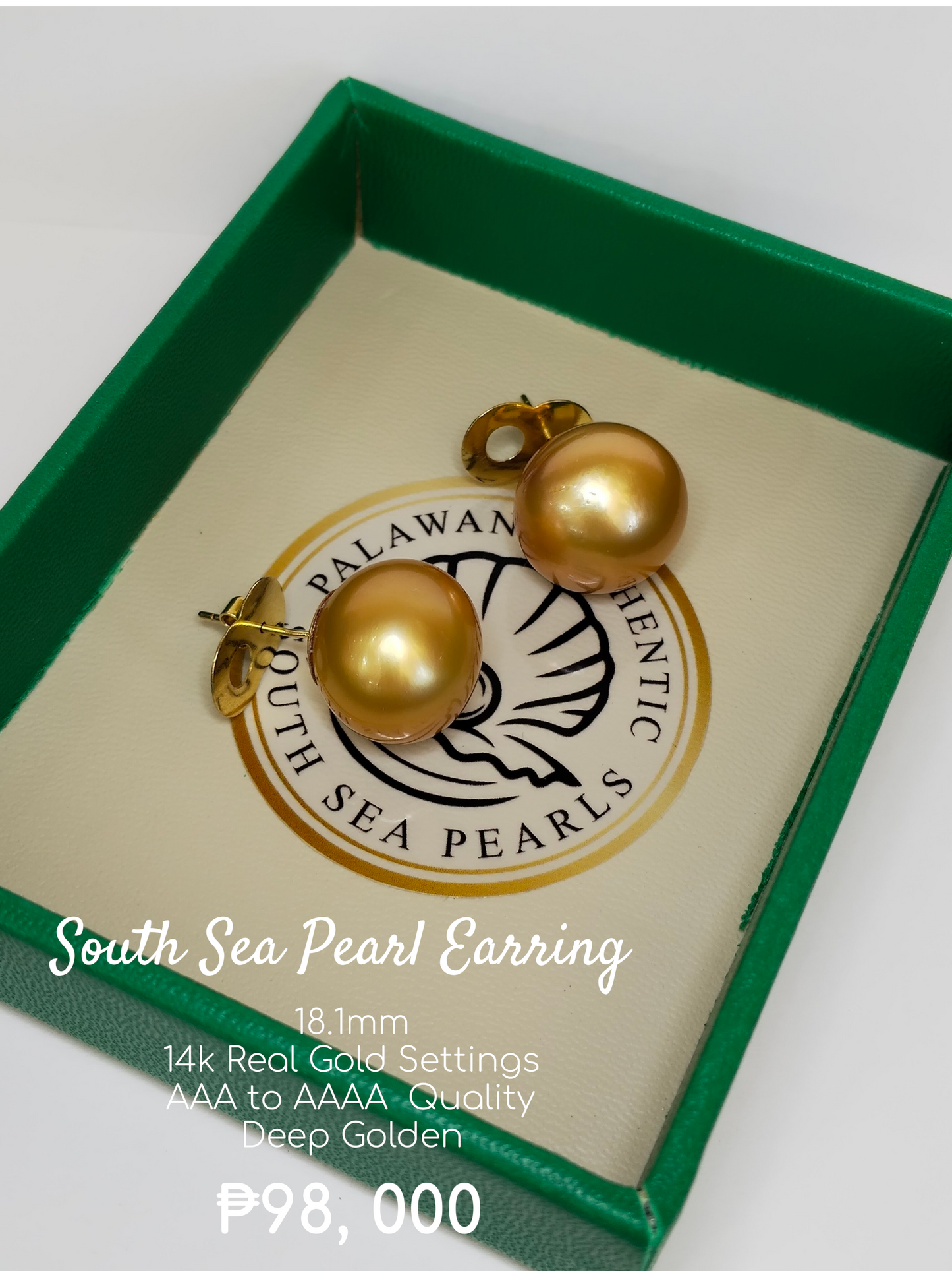 18.1mm Palawan Authentic Deep Golden Color South Sea Pearl Earring in 14k Real Gold Settings