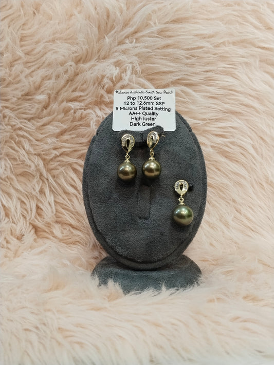 12 to 12.6mm Authentic Dark Green Color South Sea Pearl Set in 5 Micron Settings