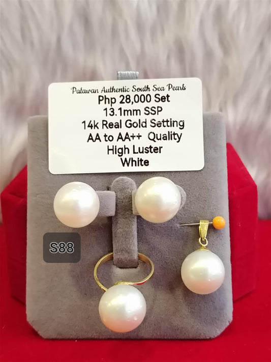 13.1mm Authentic White South Sea Pearls Set in 14K Gold Settings