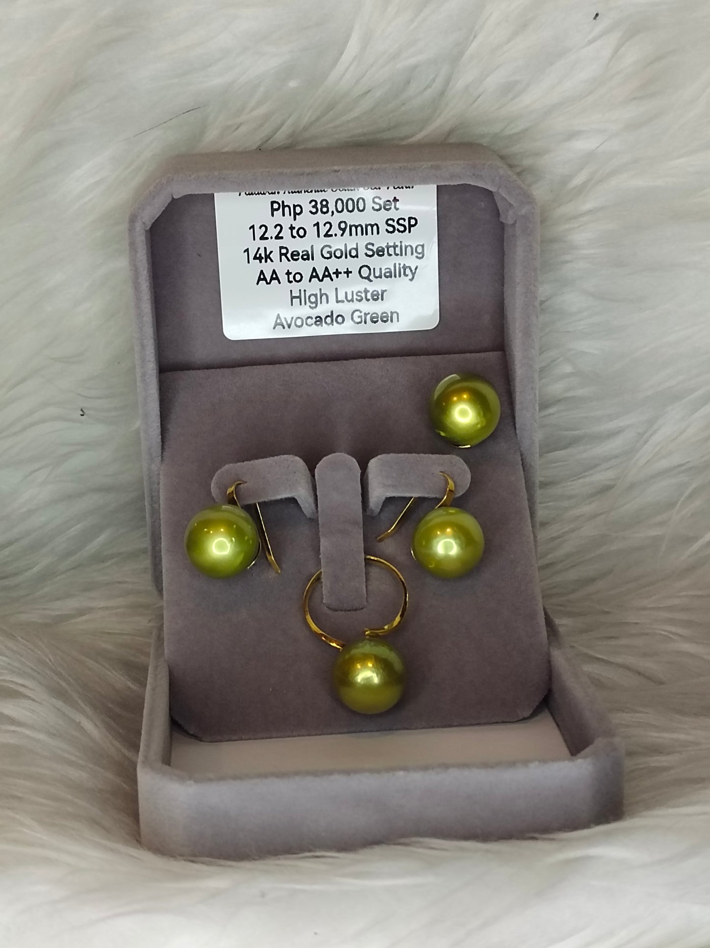 12.2mm to 12.9mm Authentic Avocado Green Color South Sea Pearl Sets in 14k Real Gold Settings