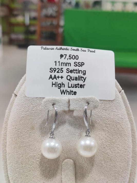 11mm Authentic Silver White South Sea Pearls Earrings in S925 Settings