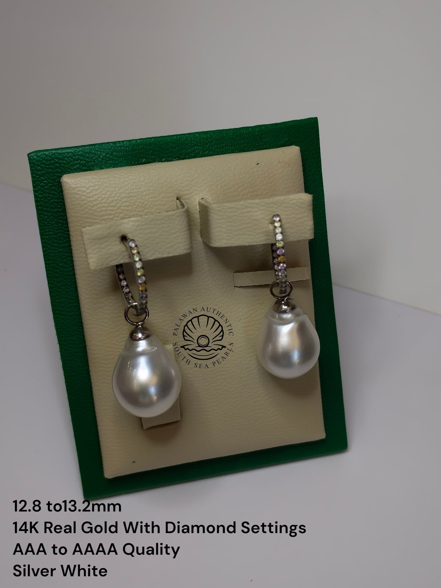 12.8 to 13.2mm Palawan Authentic Silver White Color South Sea Pearl in 14k Real Gold and Diamonds