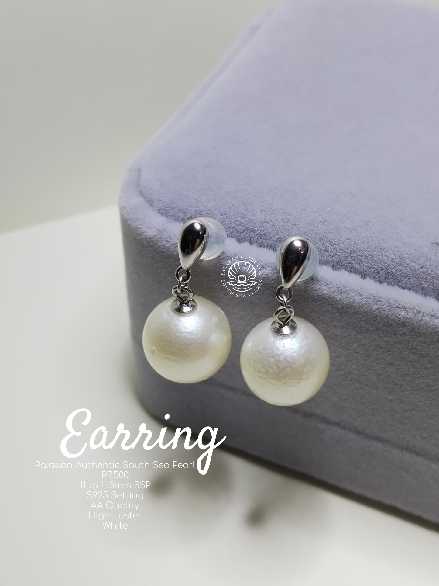 11 to 11.3mm Palawan Authentic White South Sea Pearl Earrings in S925 Settings