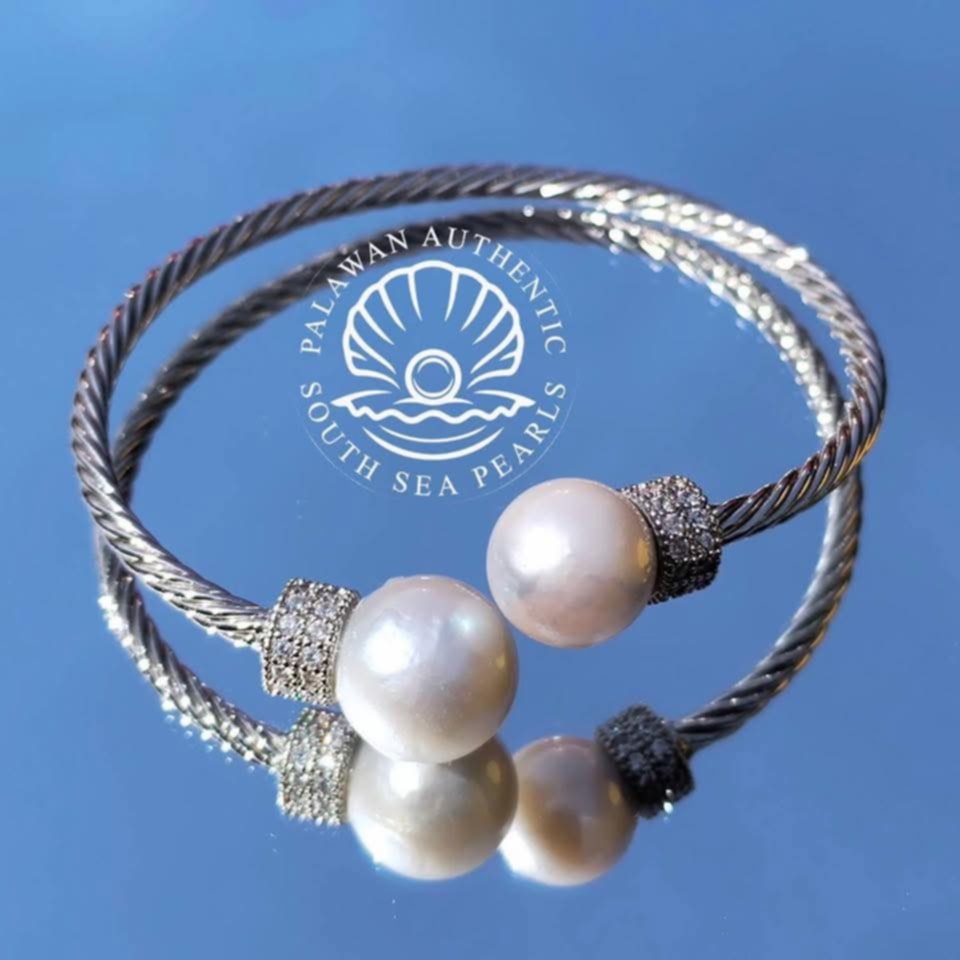 10.9 to 12.2mm Palawan Authentic Silver Color South Sea Pearl Bangle in 5 Micron Plated Settings