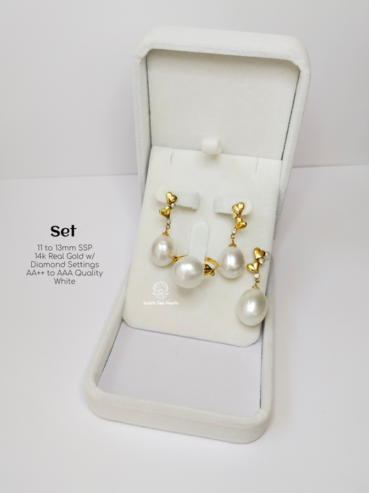 11mm to 13mm Palawan Authentic White Color South Sea Pearl in 14k Real Gold and Diamonds