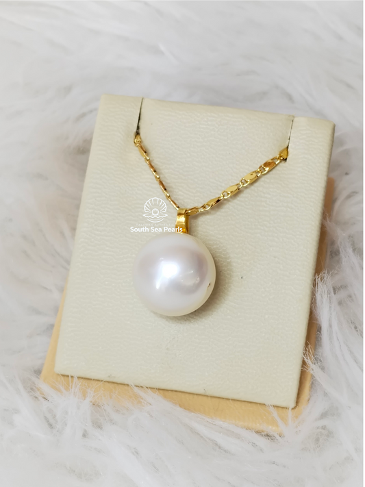 14.2mm Palawan Authentic White Color South Sea Pearl Pendant in 14k Real Gold Settings