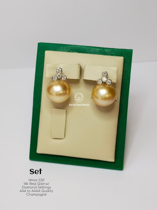 14mm Palawan Authentic Champagne Color South Sea Pearl in 14k Real Gold and Diamonds
