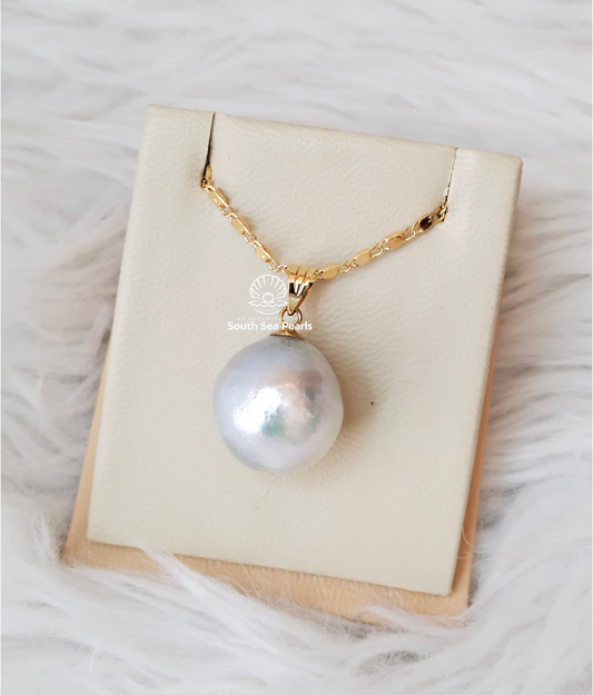 15mm Semi Baroque Palawan Authentic Bluish Color South Sea Pearl Pendant in 14k Real Gold Settings
