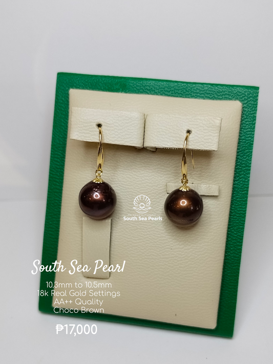 10.3mm to 10.5mm Palawan Authentic Choco Brown Color South Sea Pearl Earrings in 18k Real Gold Settings