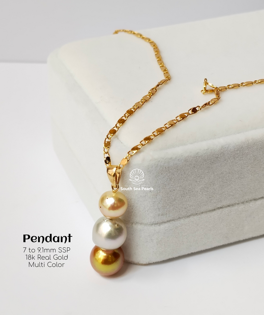 7mm to 9.1mm Palawan Authentic Multi Color South Sea Pearl Pendant in 18k Real Gold Settings