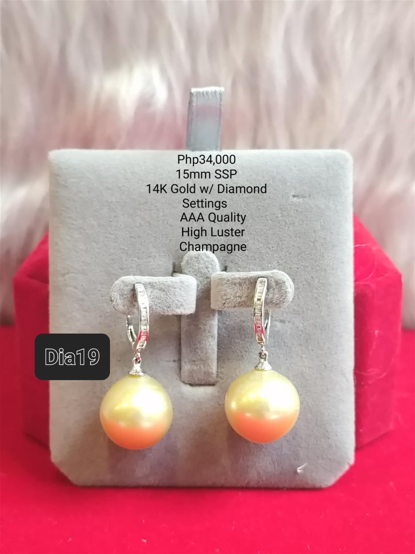 15mm Authentic Champagne Color South Sea Pearls Earrings in 14k Gold Settings with Diamonds