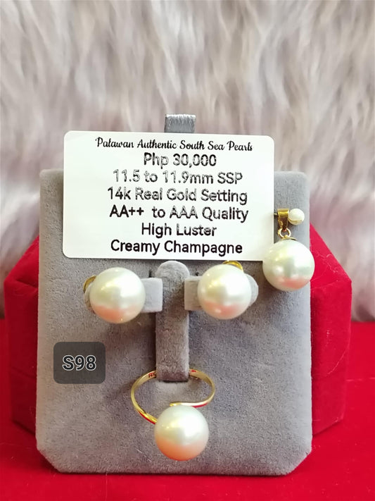 11.5mm to 11.9mm Authentic Creamy Champagne South Sea Pearls Set in 14K Gold Settings