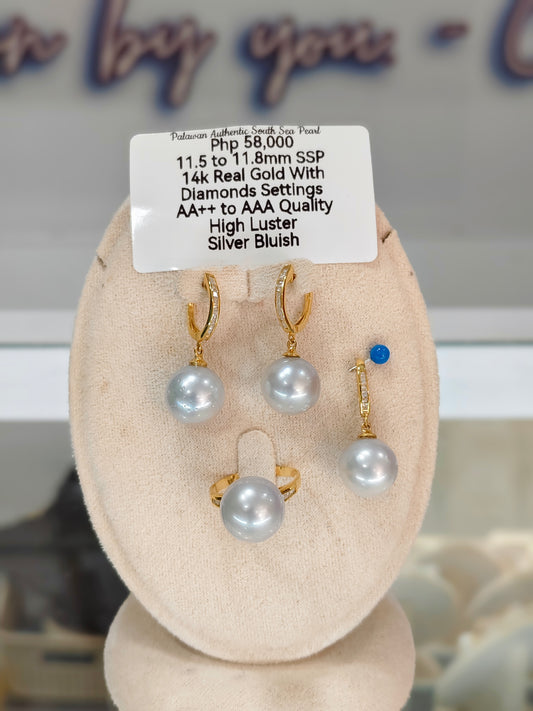11.5mm to 11.8mm Authentic Silver Bluish South Sea Pearls Set in 14k Gold with Diamonds