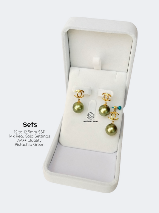 New Arrival! 12mm to 12.5mm Palawan Authentic Pistachio Green Color South Sea Pearl Sets in 14k Real Gold Settings