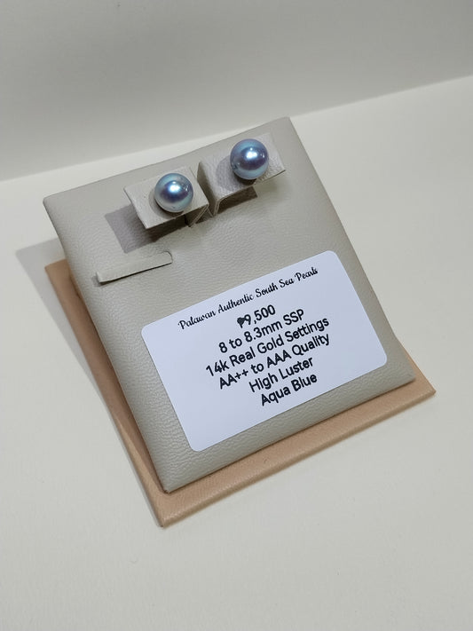 New Arrival! 8mm to 8.3mm Palawan Authentic Aqua Blue Color South Sea Pearl Earrings in 14k Real Gold Settings