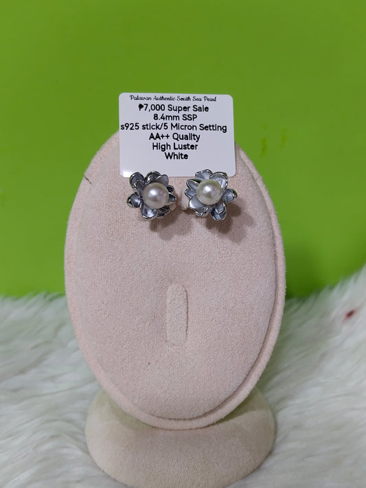 New Arrival! 8.4mm Authentic White South Sea Pearl Earrings in S925 Stick and 5 Micron Plated Settings