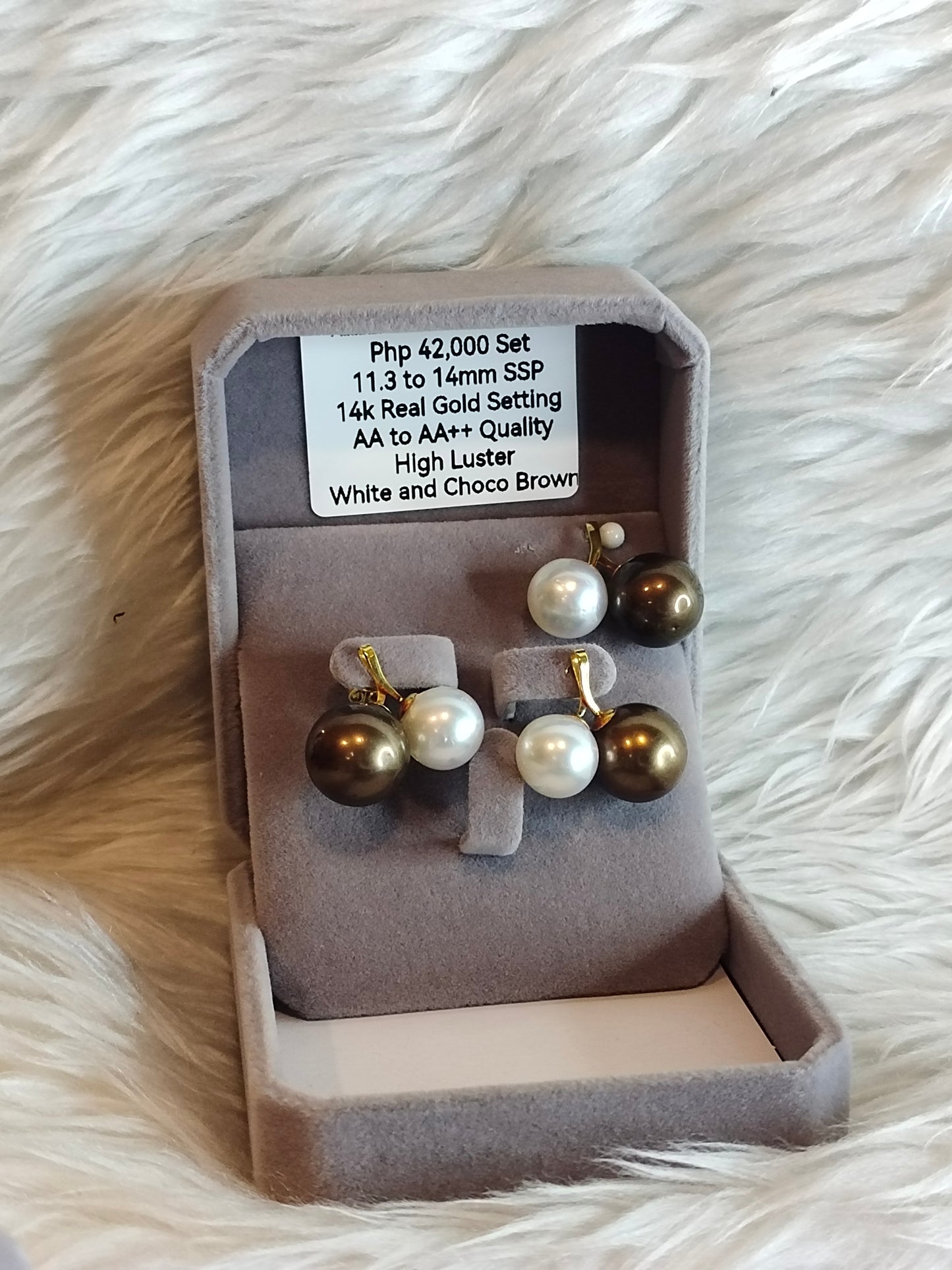 11.3mm to 14mm Authentic White and Choco Brown Color South Sea Pearl Sets in 14k Real Gold Settings