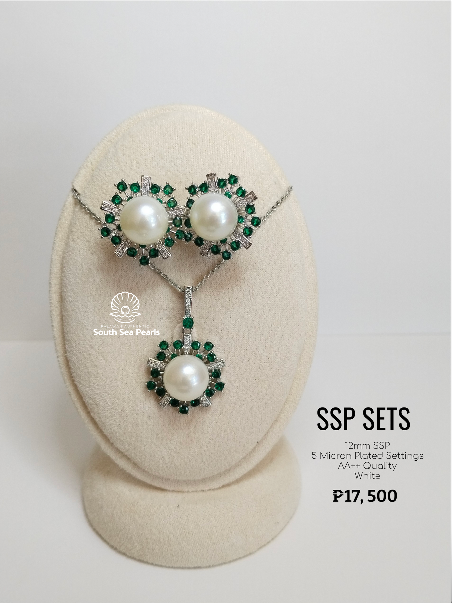 12mm Palawan Authentic White Color South Sea Pearl Sets in 5 Micron Plated Settings